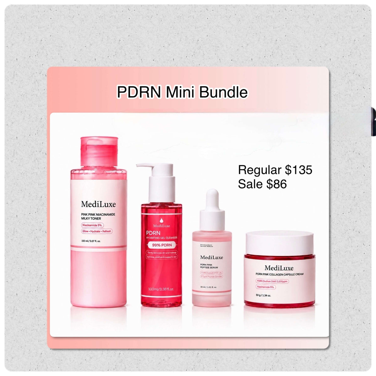 PDRN Mini Bundle showing MediLuxe skincare products priced at regular $135 and sale $86.