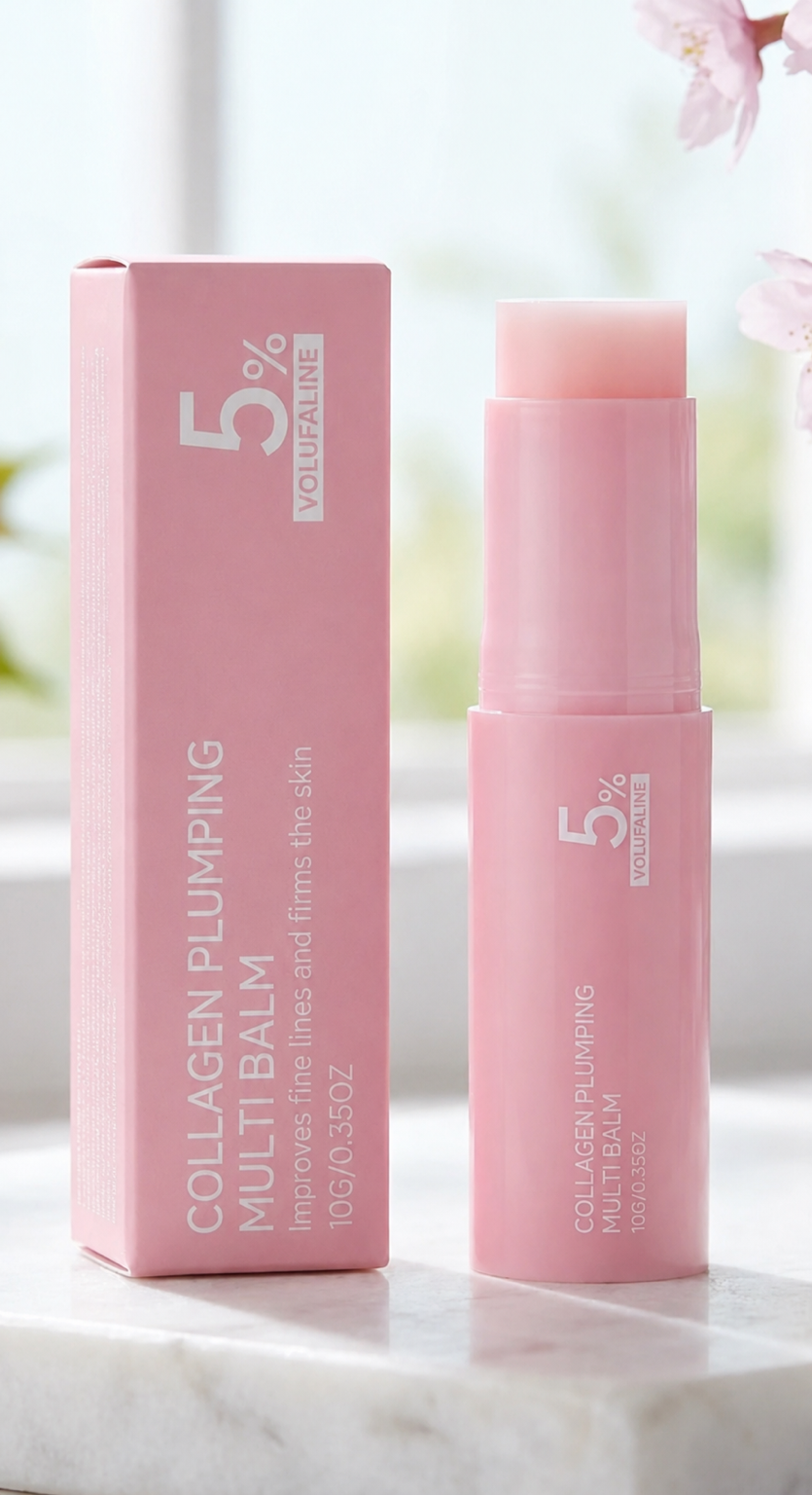 Plumping Multi Balm Stick in pink packaging, designed for hydrated, smooth looking skin with collagen.