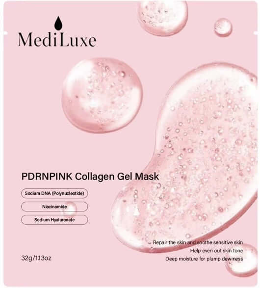 MediLuxe PDRN Pink Collagen Gel Mask packaging featuring hydrating ingredients and a pink gel texture.