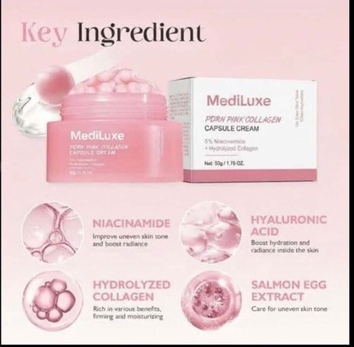 MediLuxe collagen capsule cream for glowing skin in packaging and jar on display.
