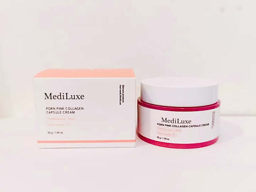MediLuxe collagen capsule cream for glowing skin in packaging and jar on display.
